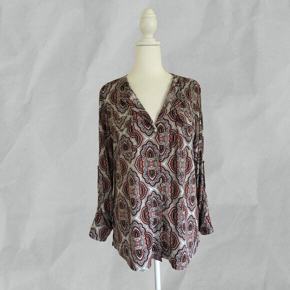 Dana Buchman Paisley Button Down Blouse Beige Medallion Roll Tab Jersey Size L - Picture 1 of 5